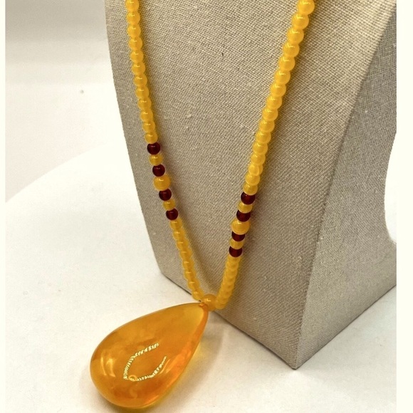 Reconstituted Amber Teardrop Pendant, Yellow and Red Beads - Picture 2 of 8